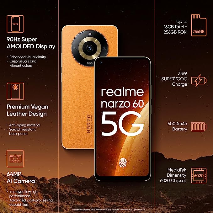 realme narzo 60 5G (Mars Orange,8GB+256GB) | 90Hz Super AMOLED Display | Ultra P