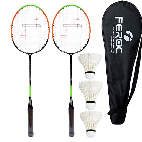 FEROC 2 Pieces Aluminium Badminton Racket with 3 Pieces Feather Shuttles with Fu