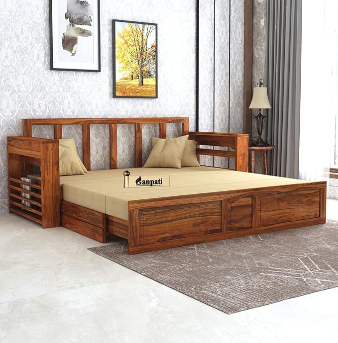 Ganpati Arts Solid Sheesham Wood 3 Seater Sofa Cum Bed with Side Pocket for Livi