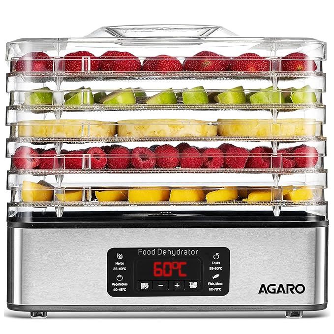 AGARO Regal Food Dehydrator, 5 Stackable Stainless Steel Trays, Digital Adjustab