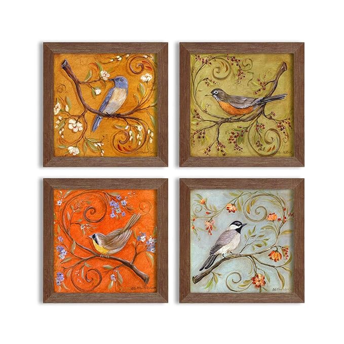 Painting Mantra - Multicolor Jardine Birds Set of 4 Brown Framed Painting,UV Tex