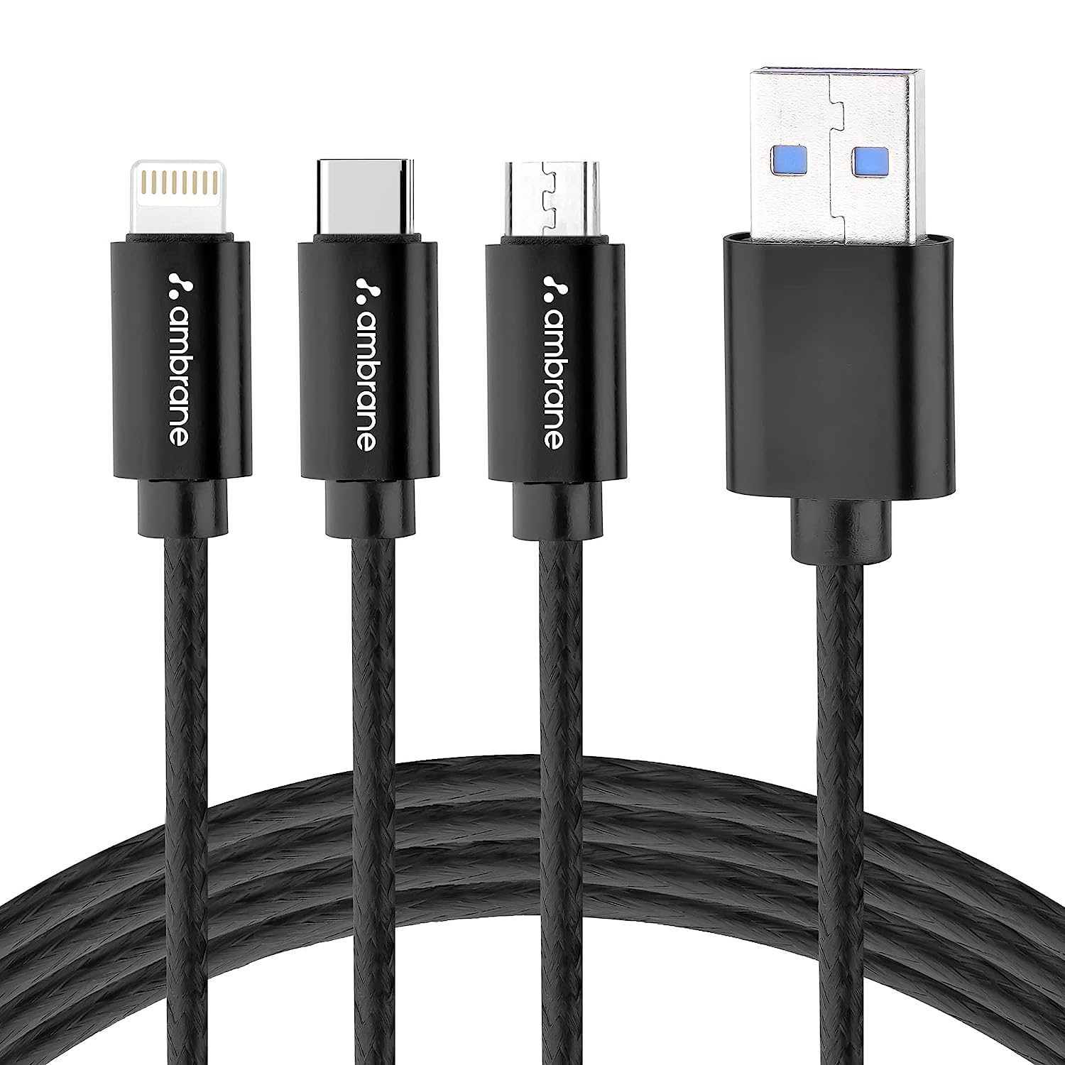 Ambrane Unbreakable 3 in 1 USB Fast Charging Multipurpose Cable with Type C, Lig