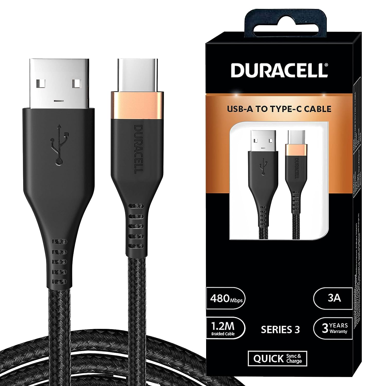 Duracell USB Type C, 3A Braided Sync & Fast Charging Cable, 3.9 Ft (1.2M),QC 2.0